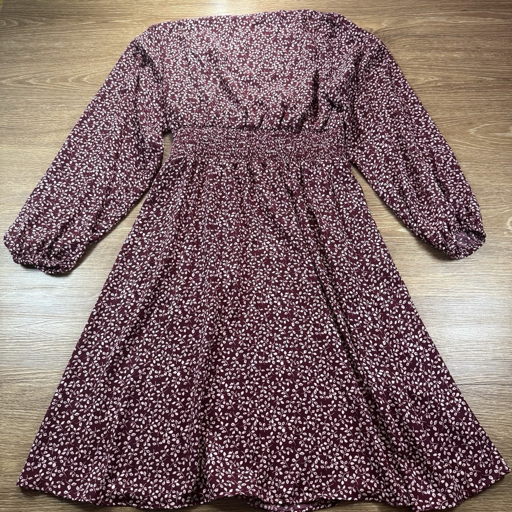 Draper James RSVP Dress Women's L Burgundy Floral Smocked Long Sleeve Fall Dress - Picture 9 of 9